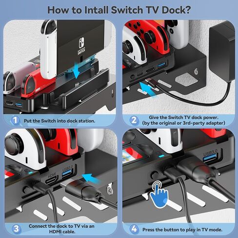Switch Wall Mount & Switch TV Dock with Joy-Con Charger Bundle Kit, Switch TV Docking Station with 4K HDMI & USB 3.0 Port, Metal Wall Shelf for Switch & Switch OLED, Switch Pro Controller Hooks in Kuwait