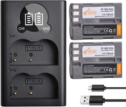 EN-EL3e, Pickle Power 2 x 1900mAh EN-EL3a, EN-EL3 Batteries and LED Dual USB Charger Compatible with Nikon D50, D70, D70s, D80, D90, D100, D200, D300, D300S, D700 D900 Digital Cameras in Saudi Arabia