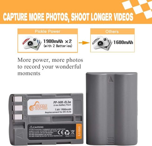 EN-EL3e, Pickle Power 2 x 1900mAh EN-EL3a, EN-EL3 Batteries and LED Dual USB Charger Compatible with Nikon D50, D70, D70s, D80, D90, D100, D200, D300, D300S, D700 D900 Digital Cameras in Saudi Arabia