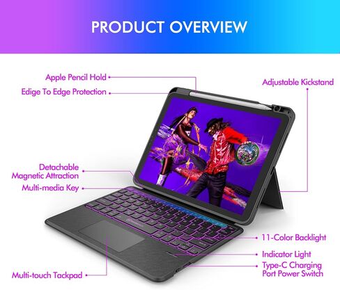 MicroPack iPad Pro 11 inch Case with Keyboard (11-inch, 2022) – Trackpad & 11 Colors Backlit & Kickstand – Slim & Light Detachable Keyboard for iPad Pro 11"& iPad Air 5th / 4th Gen 10.9"– 11 inch in Kuwait