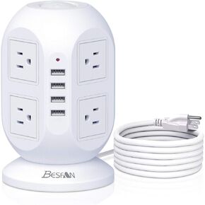 برج قطاع الطاقة الواقي من زيادة التيار مع منافذ USB، BESFAN 8 منافذ تيار متردد و4 منافذ USB، سلك تمديد بطول 10 أقدام مع محطة شحن متعددة المنافذ للوازم المكتب المنزلي وأساسيات غرفة النوم
