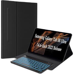 D DINGRICH Portable Galaxy Tab S8 Ultra Case with Keyboard 14.6 inch 2022 - Compatible with Model SM-X900/X906, Magnetic Flip-Fold Leather Case, Backlit Detachable Keyboard - Lightweight Keyboard Kit in Kuwait