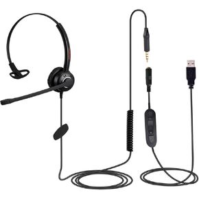 سماعة رأس N/X One Ear 3.5 مم/USB للكمبيوتر مع ميكروفون إلغاء الضوضاء للكمبيوتر المحمول التعرف على صوت التنين، التكبير، الفرق، Ringcentral، 3CX softphone، العمل المكتبي، خفيف الوزن ومريح in Kuwait