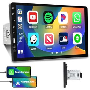 راديو السيارة ستيريو سيارة أحادي الدين مع Apple Carplay Android Auto، راديو FM/AM Hikity 9 بوصة شاشة تعمل باللمس بلوتوث أجهزة استقبال صوت السيارة تدعم وصلة مرآة الهاتف USB التحكم في عجلة القيادة + كاميرا احتياطية in Kuwait