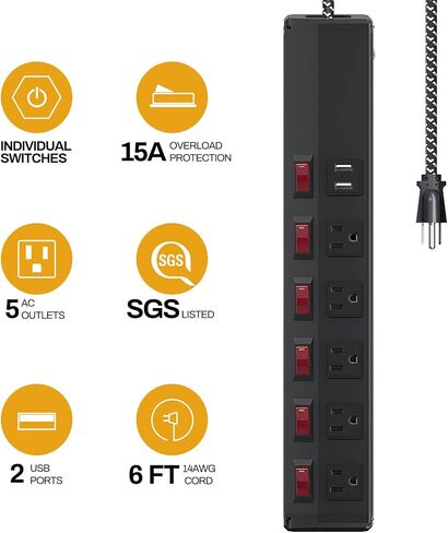 شريط طاقة مع مفتاح فردي، 5 منافذ ومنفذي USB، حماية من الحمل الزائد 15 أمبير، شريط طاقة عالي التحمل مع سلك طاقة 6 أقدام 14AWG، متعدد الوظائف لمرآب ورشة عمل حوض السمك in Kuwait