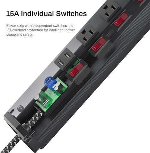 شريط طاقة مع مفتاح فردي، 5 منافذ ومنفذي USB، حماية من الحمل الزائد 15 أمبير، شريط طاقة عالي التحمل مع سلك طاقة 6 أقدام 14AWG، متعدد الوظائف لمرآب ورشة عمل حوض السمك in Kuwait