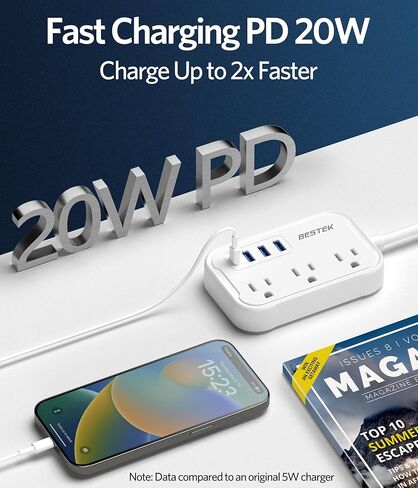 قطاع طاقة للسفر، أساسيات سفينة الرحلات البحرية مع USB C، سلك تمديد مسطح مع 3 منافذ و4 منافذ USB (1 PD20W)، موسع منافذ حائط مكتب بطول 5 أقدام، واقي غير متصاعد للرحلات البحرية، غرفة النوم. in Saudi Arabia