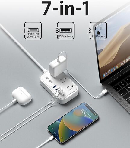 قطاع طاقة للسفر، أساسيات سفينة الرحلات البحرية مع USB C، سلك تمديد مسطح مع 3 منافذ و4 منافذ USB (1 PD20W)، موسع منافذ حائط مكتب بطول 5 أقدام، واقي غير متصاعد للرحلات البحرية، غرفة النوم. in Saudi Arabia