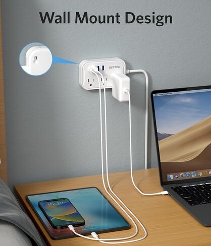 قطاع طاقة للسفر، أساسيات سفينة الرحلات البحرية مع USB C، سلك تمديد مسطح مع 3 منافذ و4 منافذ USB (1 PD20W)، موسع منافذ حائط مكتب بطول 5 أقدام، واقي غير متصاعد للرحلات البحرية، غرفة النوم. in Saudi Arabia