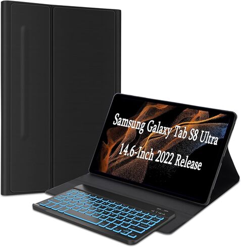 D DINGRICH Portable Galaxy Tab S8 Ultra Case with Keyboard 14.6 inch 2022 - Compatible with Model SM-X900/X906, Magnetic Flip-Fold Leather Case, Backlit Detachable Keyboard - Lightweight Keyboard Kit in Kuwait