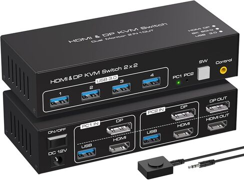 8K @ 60 هرتز HDMI + منفذ عرض KVM Switch 2 شاشات 2 جهاز كمبيوتر USB 3.0 KVM Swticher شاشة مزدوجة 2 منفذ لـ 2 جهاز كمبيوتر مشاركة شاشة متعددة و4 أجهزة USB وحدة تحكم سلكية محول تيار مستمر 2 كابلات USB متضمنة in Kuwait