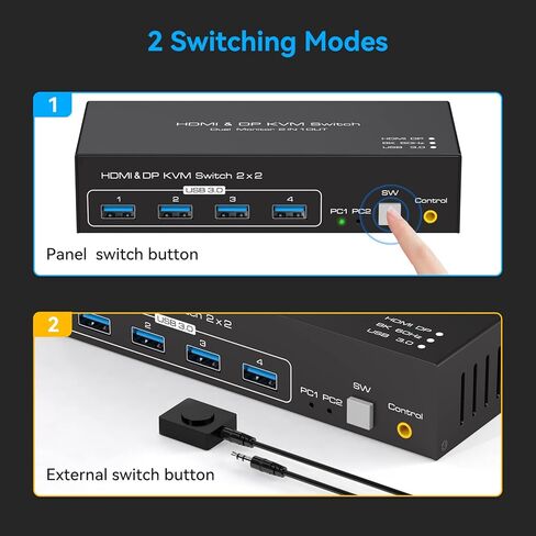 8K @ 60 هرتز HDMI + منفذ عرض KVM Switch 2 شاشات 2 جهاز كمبيوتر USB 3.0 KVM Swticher شاشة مزدوجة 2 منفذ لـ 2 جهاز كمبيوتر مشاركة شاشة متعددة و4 أجهزة USB وحدة تحكم سلكية محول تيار مستمر 2 كابلات USB متضمنة in Kuwait