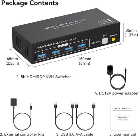 8K @ 60 هرتز HDMI + منفذ عرض KVM Switch 2 شاشات 2 جهاز كمبيوتر USB 3.0 KVM Swticher شاشة مزدوجة 2 منفذ لـ 2 جهاز كمبيوتر مشاركة شاشة متعددة و4 أجهزة USB وحدة تحكم سلكية محول تيار مستمر 2 كابلات USB متضمنة in Kuwait