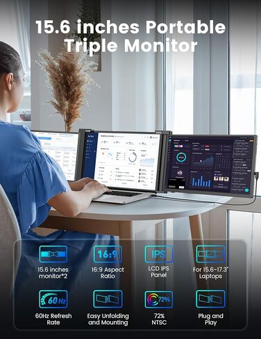 شاشة FOPO ثلاثية محمولة مقاس 15.6 بوصة للكمبيوتر المحمول، موسع شاشة الكمبيوتر المحمول FHD 1080P IPS لعرض الشاشة المزدوجة، شاشة محمولة لتوصيل USB-C وHDMI وتشغيلها لأجهزة الكمبيوتر المحمولة مقاس 15.6-19 بوصة (Mac، Windows)، Gery in Kuwait