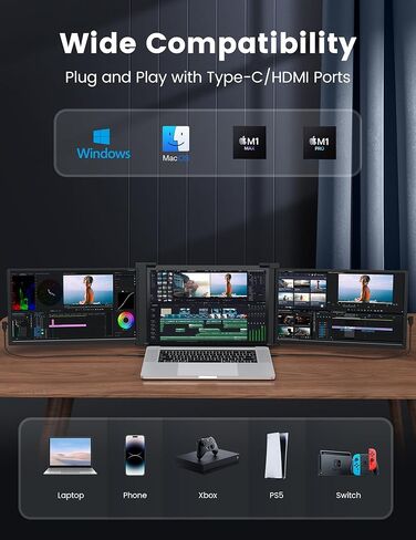 شاشة FOPO ثلاثية محمولة مقاس 15.6 بوصة للكمبيوتر المحمول، موسع شاشة الكمبيوتر المحمول FHD 1080P IPS لعرض الشاشة المزدوجة، شاشة محمولة لتوصيل USB-C وHDMI وتشغيلها لأجهزة الكمبيوتر المحمولة مقاس 15.6-19 بوصة (Mac، Windows)، Gery in Kuwait