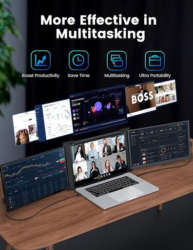 شاشة FOPO ثلاثية محمولة مقاس 15.6 بوصة للكمبيوتر المحمول، موسع شاشة الكمبيوتر المحمول FHD 1080P IPS لعرض الشاشة المزدوجة، شاشة محمولة لتوصيل USB-C وHDMI وتشغيلها لأجهزة الكمبيوتر المحمولة مقاس 15.6-19 بوصة (Mac، Windows)، Gery in Kuwait