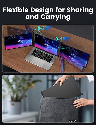 شاشة FOPO ثلاثية محمولة مقاس 15.6 بوصة للكمبيوتر المحمول، موسع شاشة الكمبيوتر المحمول FHD 1080P IPS لعرض الشاشة المزدوجة، شاشة محمولة لتوصيل USB-C وHDMI وتشغيلها لأجهزة الكمبيوتر المحمولة مقاس 15.6-19 بوصة (Mac، Windows)، Gery in Kuwait