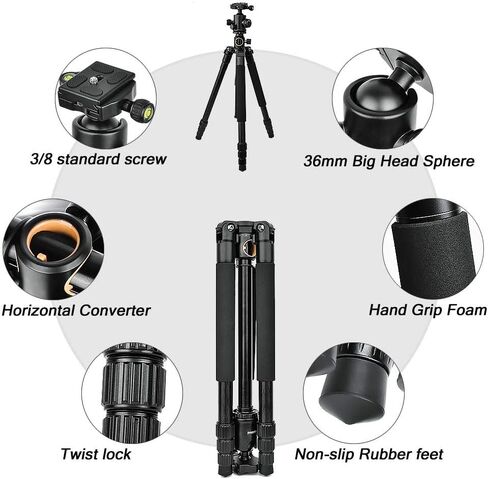 حامل ثلاثي القوائم وحامل احادي لكاميرا دي اس ال ار، حامل ثلاثي القوائم بذراع افقي احترافي 62 انش مع راس كروي معدني قابل للدوران 360 درجة، 4 اقسام شديدة التحمل من خليط الالومنيوم للسفر والعمل. in Kuwait