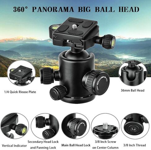 حامل ثلاثي القوائم وحامل احادي لكاميرا دي اس ال ار، حامل ثلاثي القوائم بذراع افقي احترافي 62 انش مع راس كروي معدني قابل للدوران 360 درجة، 4 اقسام شديدة التحمل من خليط الالومنيوم للسفر والعمل. in Kuwait