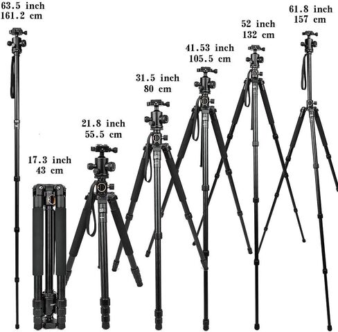 حامل ثلاثي القوائم وحامل احادي لكاميرا دي اس ال ار، حامل ثلاثي القوائم بذراع افقي احترافي 62 انش مع راس كروي معدني قابل للدوران 360 درجة، 4 اقسام شديدة التحمل من خليط الالومنيوم للسفر والعمل. in Kuwait