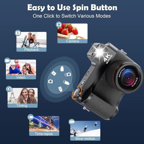 كاميرا Vmotal الرقمية 4K، كاميرا فيديو 4K بدقة 48 ميجابكسل، شاشة IPS 3 بوصة/تكبير 18x/فاصل زمني/حركة بطيئة/تركيز تلقائي/تركيز يدوي/فلاش/قرص، كاميرا تسجيل فيديو لليوتيوب in Kuwait