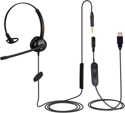 سماعة رأس N/X One Ear 3.5 مم/USB للكمبيوتر مع ميكروفون إلغاء الضوضاء للكمبيوتر المحمول التعرف على صوت التنين، التكبير، الفرق، Ringcentral، 3CX softphone، العمل المكتبي، خفيف الوزن ومريح in Kuwait