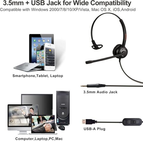 سماعة رأس N/X One Ear 3.5 مم/USB للكمبيوتر مع ميكروفون إلغاء الضوضاء للكمبيوتر المحمول التعرف على صوت التنين، التكبير، الفرق، Ringcentral، 3CX softphone، العمل المكتبي، خفيف الوزن ومريح in Kuwait