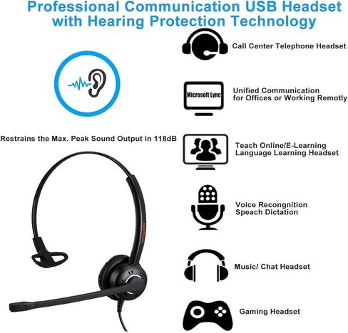 سماعة رأس N/X One Ear 3.5 مم/USB للكمبيوتر مع ميكروفون إلغاء الضوضاء للكمبيوتر المحمول التعرف على صوت التنين، التكبير، الفرق، Ringcentral، 3CX softphone، العمل المكتبي، خفيف الوزن ومريح in Kuwait