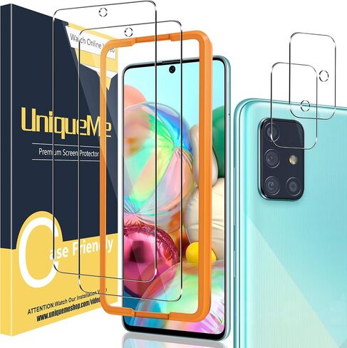 UniqueMe [2+2 Pack] Camera Lens Protector and Screen Protector for Samsung Galaxy A71 4G / 5G,Tempered Glass [Easy Installation Frame] HD Clear [Anti-Scratch] [Bubble Free] in Kuwait