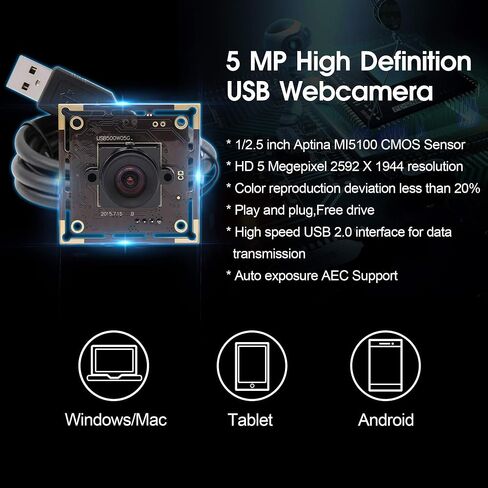 5Megapixel 2592X1944 Webcamera High Difinition Webcam with Aptina MI5100 CMOS Sensor 100 Degree No Distortion Lens USB Camera with Aluminum Mini Case Plug and Play Perfect for Industrial or Innovation in Kuwait