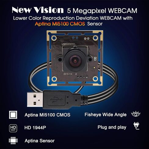 5Megapixel 2592X1944 Webcamera High Difinition Webcam with Aptina MI5100 CMOS Sensor 100 Degree No Distortion Lens USB Camera with Aluminum Mini Case Plug and Play Perfect for Industrial or Innovation in Kuwait