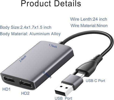 محول USB C/A إلى HDMI مزدوج لشاشتين | محول شاشة العرض والانعكاس الموسع لجهاز MacBook Pro Air M1 M2 Windows 10 11 | عرض 3 شاشات منفصلة in Kuwait