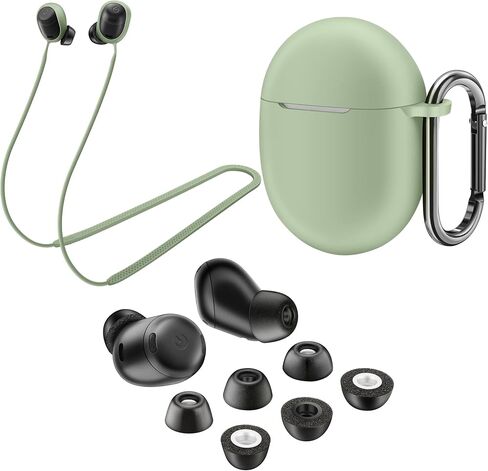 أطراف أذن من إسفنج الذاكرة AHBTEYM لـ Google Pixel Buds Pro، غطاء حافظة من السيليكون مع سلسلة مفاتيح، حزام مضاد للفقد، أطراف إسفنجية لـ Pixel Buds Pro 3 أزواج S/M/L (حافظة من عشب الليمون + حزام من عشب الليمون + أطراف أذن سوداء) in Kuwait