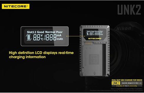 Nitecore UNK2 شاحن بطارية كاميرا رقمية USB مزدوج المنفذ لبطاريات نيكون EN-EL15، ملصق Nitecore in Kuwait