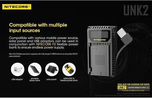 Nitecore UNK2 شاحن بطارية كاميرا رقمية USB مزدوج المنفذ لبطاريات نيكون EN-EL15، ملصق Nitecore in Kuwait