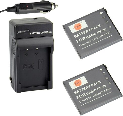 DSTE 2x NP-60 بطارية + DC75 محول شاحن للسفر والسيارة لكاميرات رقمية من نوع Casio Exilim EX-FS10 EX-S10 EX-S12 EX-Z9 EX-Z19 EX-Z20 EX-Z21 EX-Z25 EX-Z29 EX-Z80 EX-Z85 EX-Z90 in Saudi Arabia