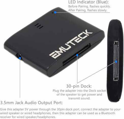 EMUTECK 30 Pin Bluetooth 5.0 محول ستيريو لجهاز Bose SoundDock 2 ومكبرات الصوت الأخرى ذات 30 دبوسًا، مع كابل Aux 3.5 مم، لمحطات إرساء موسيقى iPhone iPod (ليس للسيارات) in Kuwait