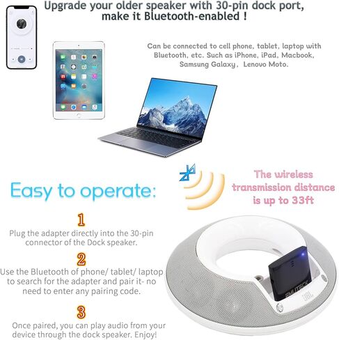 EMUTECK 30 Pin Bluetooth 5.0 محول ستيريو لجهاز Bose SoundDock 2 ومكبرات الصوت الأخرى ذات 30 دبوسًا، مع كابل Aux 3.5 مم، لمحطات إرساء موسيقى iPhone iPod (ليس للسيارات) in Kuwait