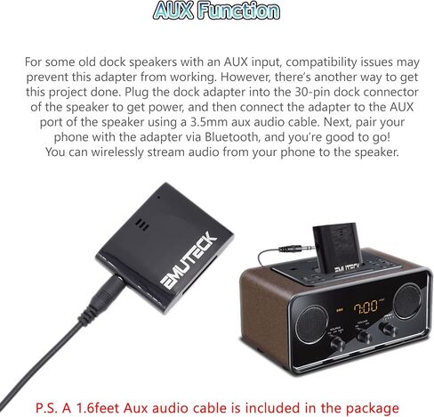 EMUTECK 30 Pin Bluetooth 5.0 محول ستيريو لجهاز Bose SoundDock 2 ومكبرات الصوت الأخرى ذات 30 دبوسًا، مع كابل Aux 3.5 مم، لمحطات إرساء موسيقى iPhone iPod (ليس للسيارات) in Kuwait