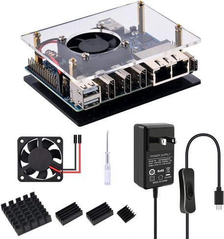 حافظة DVOZVO Orange Pi 5 Plus مع مجموعة إمداد الطاقة، حافظة Orange Pi 5 Plus مع مروحة 40 مم، 4 قطع مبددات حرارة من الألومنيوم، مصدر طاقة 20 وات 5 فولت 4 أمبير من النوع C لـ Orange Pi 5 Plus 4 جيجابايت/8 جيجابايت/16 جيجابايت in Kuwait