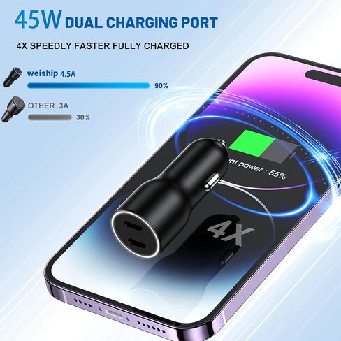 محول شاحن سيارة USB C مزدوج 45 وات، محول ولاعة سجائر USB من النوع C شاحن سريع PD3.0 منفذ سيارة شاحن هاتف USB C cargador de carro لهاتف iPhone 15/14/13 Pro Max وiPad Pro وSamsung Galaxy S22/S21 in Kuwait