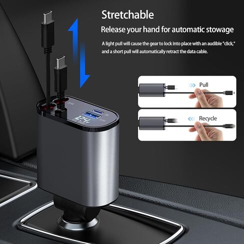 شاحن سيارة قابل للسحب من Kwak، شاحن سيارة 100 واط USB C، محول شاحن سيارة مع كابل قابل للسحب، شاحن سيارة شحن سريع متوافق مع iPhone 15/15 Pro Max/14 Pro (نوع C مزدوج) in Kuwait