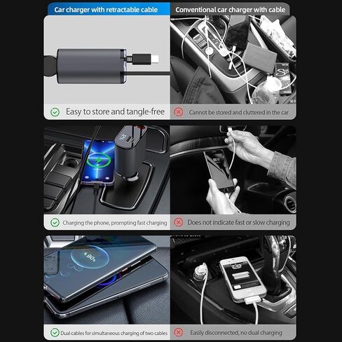 شاحن سيارة قابل للسحب من Kwak، شاحن سيارة 100 واط USB C، محول شاحن سيارة مع كابل قابل للسحب، شاحن سيارة شحن سريع متوافق مع iPhone 15/15 Pro Max/14 Pro (نوع C مزدوج) in Kuwait