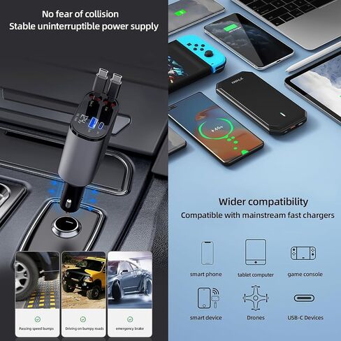 شاحن سيارة قابل للسحب من Kwak، شاحن سيارة 100 واط USB C، محول شاحن سيارة مع كابل قابل للسحب، شاحن سيارة شحن سريع متوافق مع iPhone 15/15 Pro Max/14 Pro (نوع C مزدوج) in Kuwait