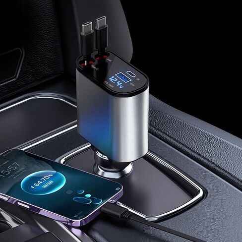 شاحن سيارة قابل للسحب من Kwak، شاحن سيارة 100 واط USB C، محول شاحن سيارة مع كابل قابل للسحب، شاحن سيارة شحن سريع متوافق مع iPhone 15/15 Pro Max/14 Pro (نوع C مزدوج) in Kuwait