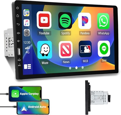 راديو السيارة ستيريو سيارة أحادي الدين مع Apple Carplay Android Auto، راديو FM/AM Hikity 9 بوصة شاشة تعمل باللمس بلوتوث أجهزة استقبال صوت السيارة تدعم وصلة مرآة الهاتف USB التحكم في عجلة القيادة + كاميرا احتياطية in Kuwait