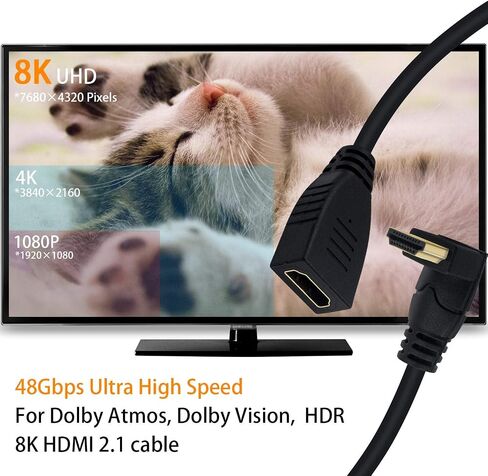 Poyiccot 8K HDMI Extension Cable, Short 90 Degree Right Angle Male to Female HDMI 2.1 Cable Adapter 48Gbps with 8K@60Hz Video & 3D HDR for TV/Xbox /PS4 /PS5 (Right M/F), 0.5feet in Kuwait