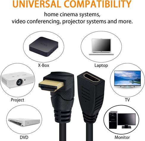 Poyiccot 8K HDMI Extension Cable, Short 90 Degree Right Angle Male to Female HDMI 2.1 Cable Adapter 48Gbps with 8K@60Hz Video & 3D HDR for TV/Xbox /PS4 /PS5 (Right M/F), 0.5feet in Kuwait