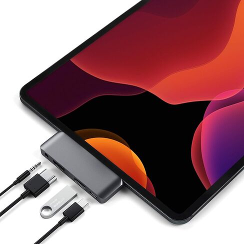 محول Satechi Aluminium Type-C Mobile Pro Hub مع شحن USB-C PD، 4K HDMI، USB 3.0 و3.5 ملم مقبس سماعة الرأس - متوافق مع 2021 iPad Pro M1، iPad Mini 6 Gen، 2020/2018 iPad Pro (رمادي فضائي) in Kuwait