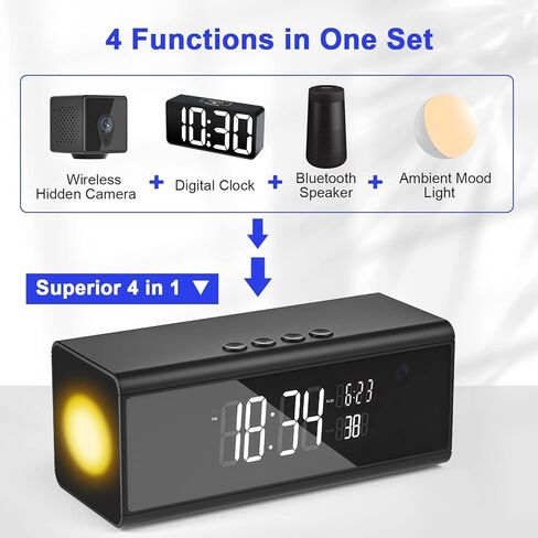كاميرا واي فاي مخفية للتجسس، ساعة منبه مع مكبر صوت بلوتوث - ضوء مزاجي محيطي - كاميرا مربية عالية الدقة مع رؤية ليلية ومنبه كشف الحركة، تسجيل أمني مع تطبيق الهاتف للخارج/المنزل in Kuwait